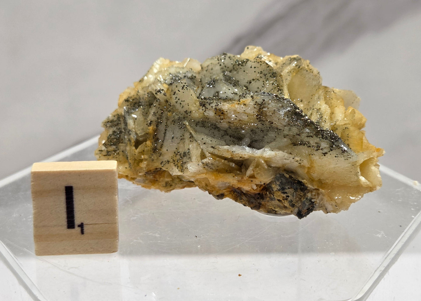 Mineral sample on a stand with a label against a white background