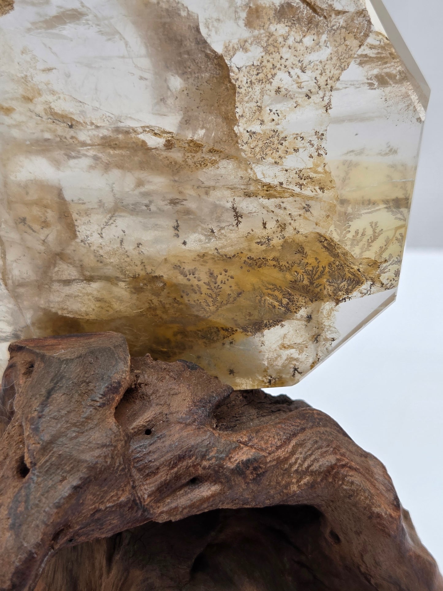 Close-up of a crystal and wooden sculpture against a white background