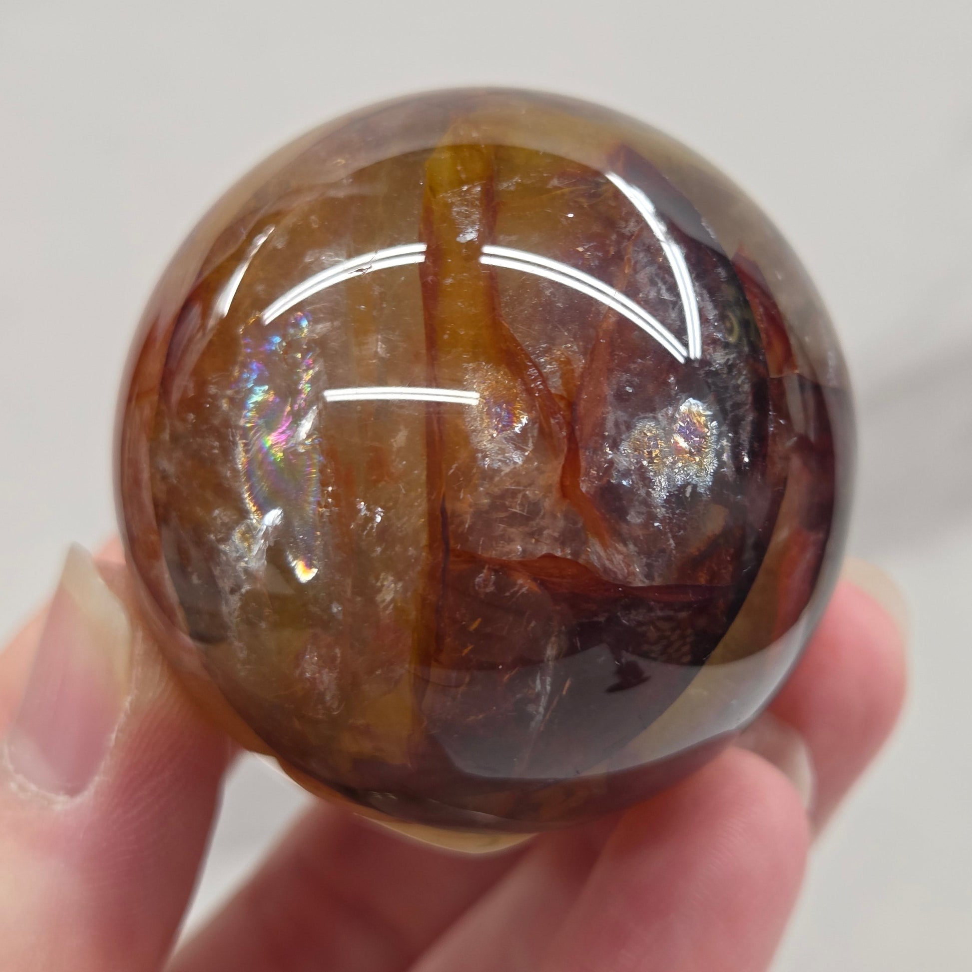 Hand holding a polished sphere with a mix of golden healer and fire quartz  against a white background