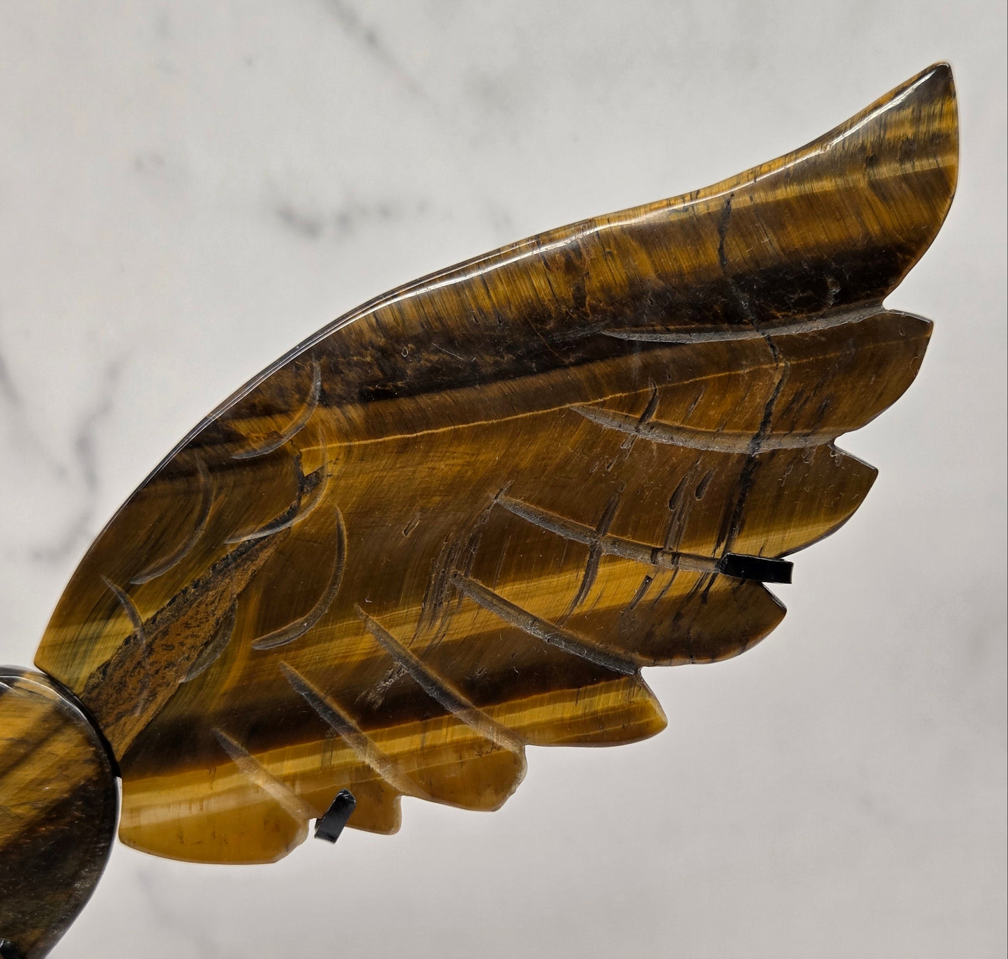 Decorative Tigers eye wings and a heart on a black stand on a neutral background