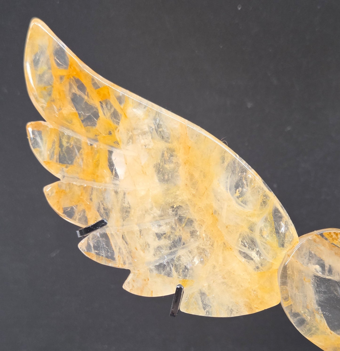 Decorative golden healer wings with a heart on a black stand against a gray background