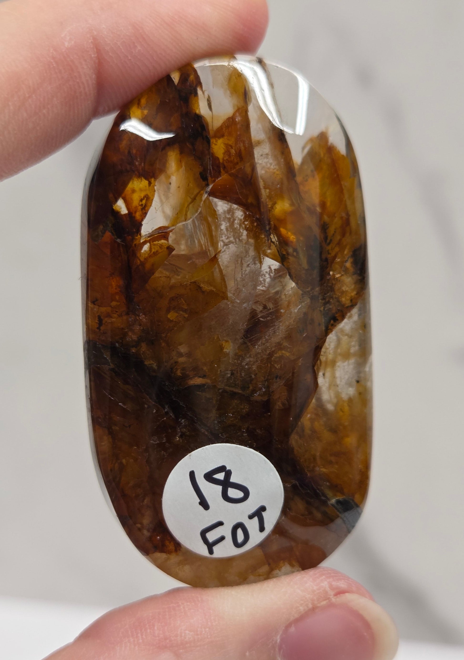 Hand holding a polished golden healer stone on a white background