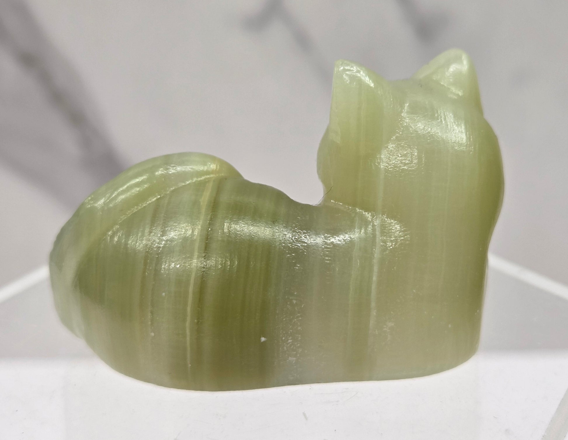 Afghan Jade cat carving lying down  on an acrylic stand against a neutral background