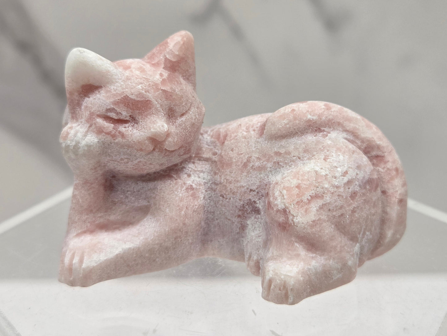 Pink Opal cat carving lying down an acrylic stand against a neutral background