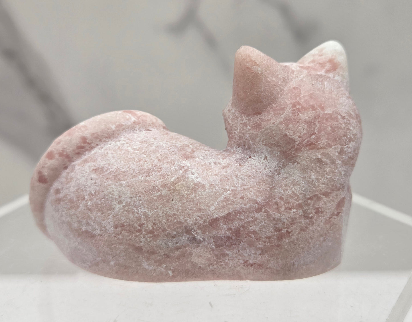Pink Opal cat carving lying down an acrylic stand against a neutral background