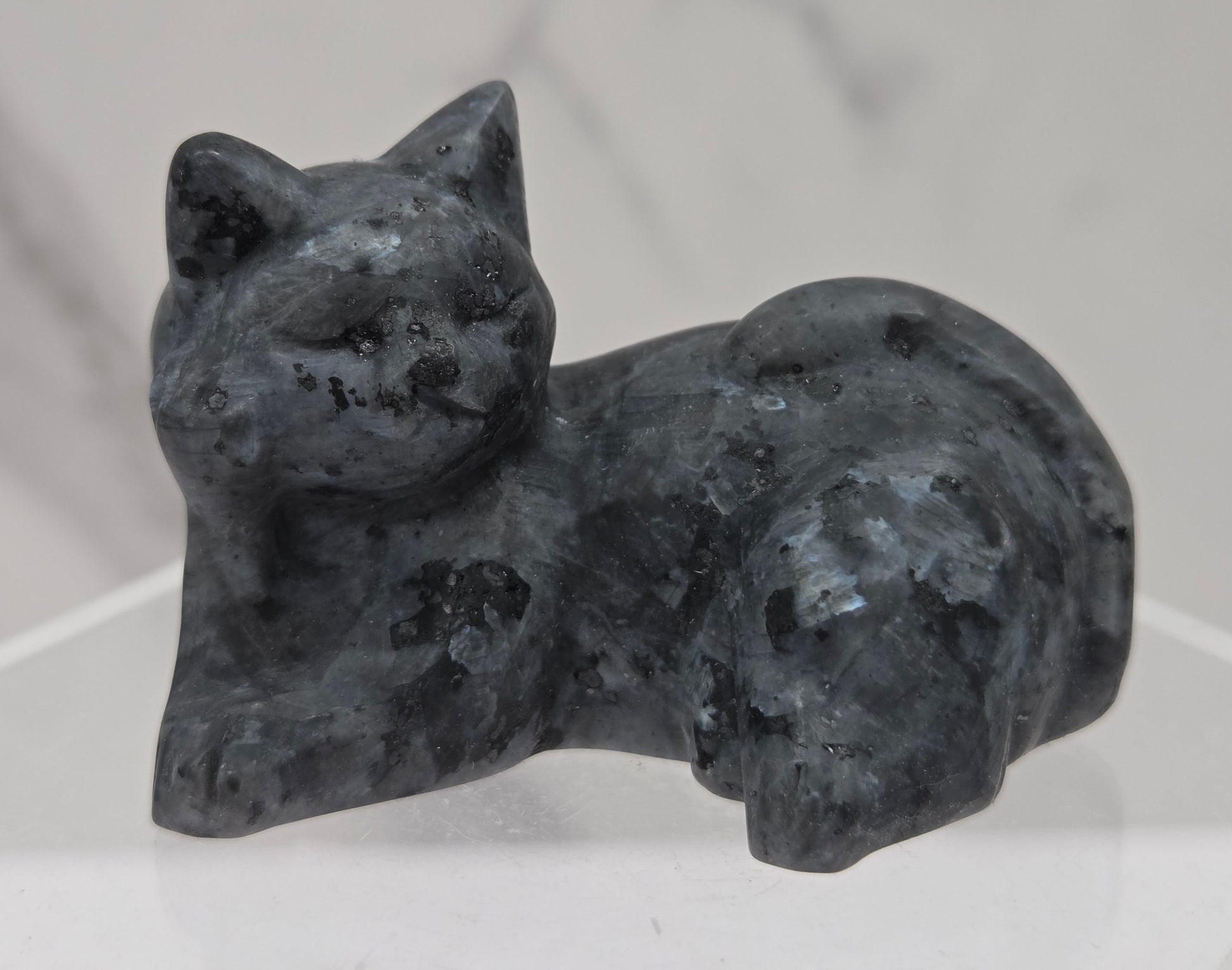 Larvikite cat carving lying down an acrylic stand against a neutral background