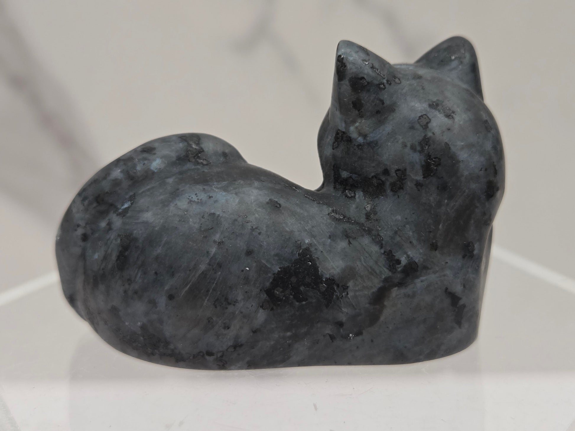 Larvikite cat carving lying down an acrylic stand against a neutral background