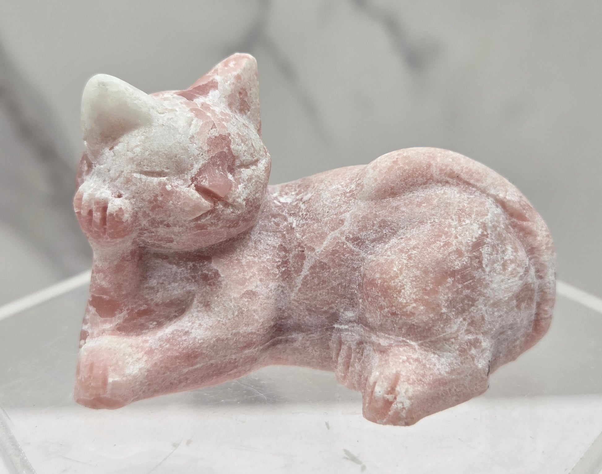 Pink Opal crystal cat carving lying down an acrylic stand against a neutral background