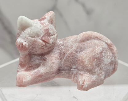 Pink Opal crystal cat carving lying down an acrylic stand against a neutral background