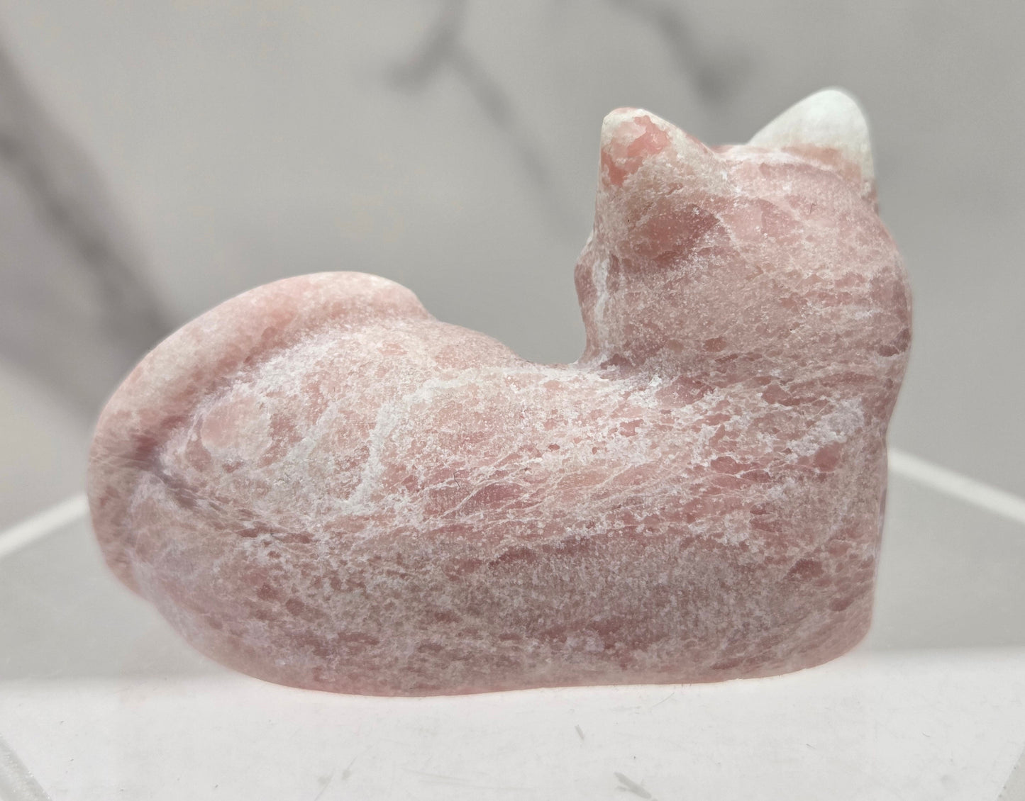 Pink Opal crystal cat carving lying down an acrylic stand against a neutral background
