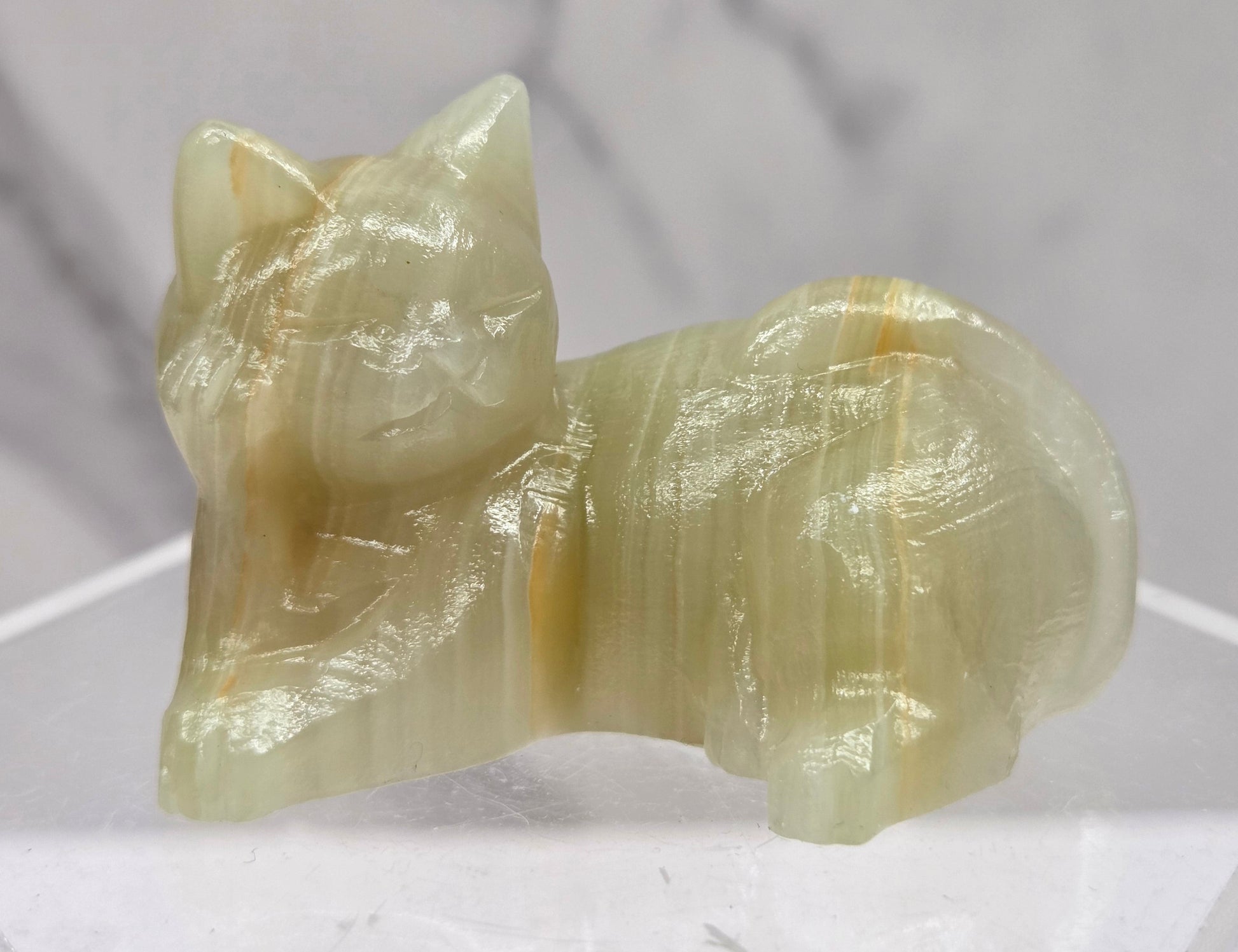 Afghan Jade cat carving lying down an acrylic stand against a neutral background