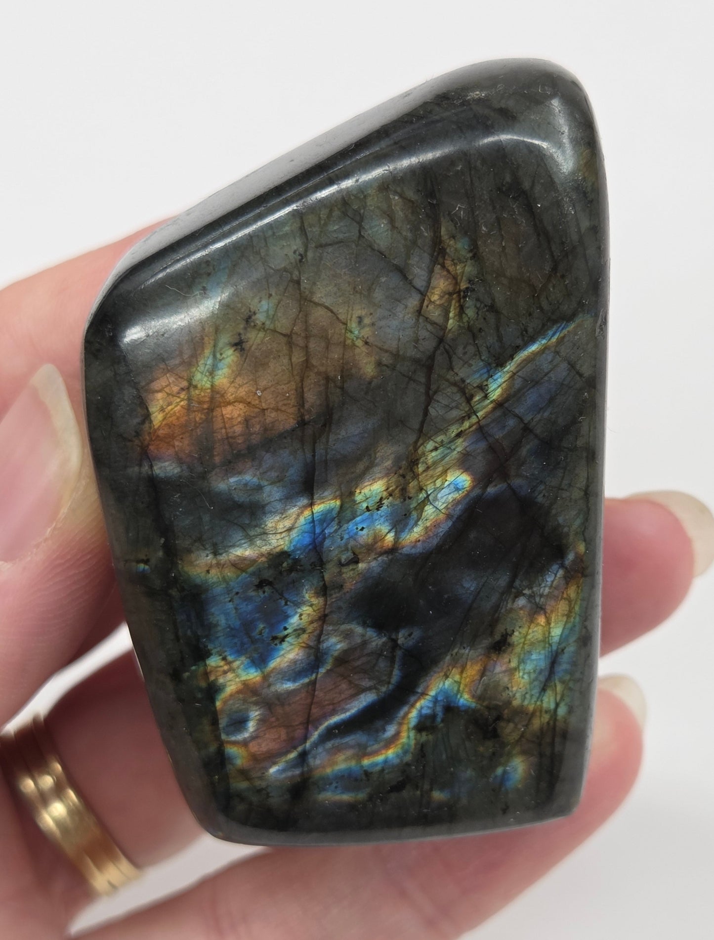 A polished Labradorite free form specimen being held by a hand showcasing a play of colors including blue, green, yellow, orange, red, and purple.