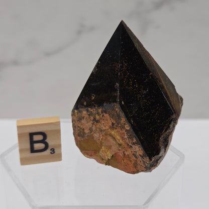 Tigers Eye specimen on a white background with a small wooden block displaying 'B' 