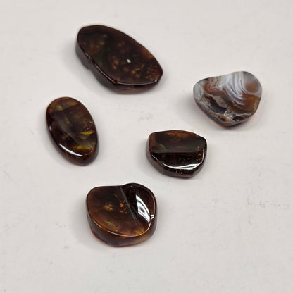Five brown stones on a light gray surface