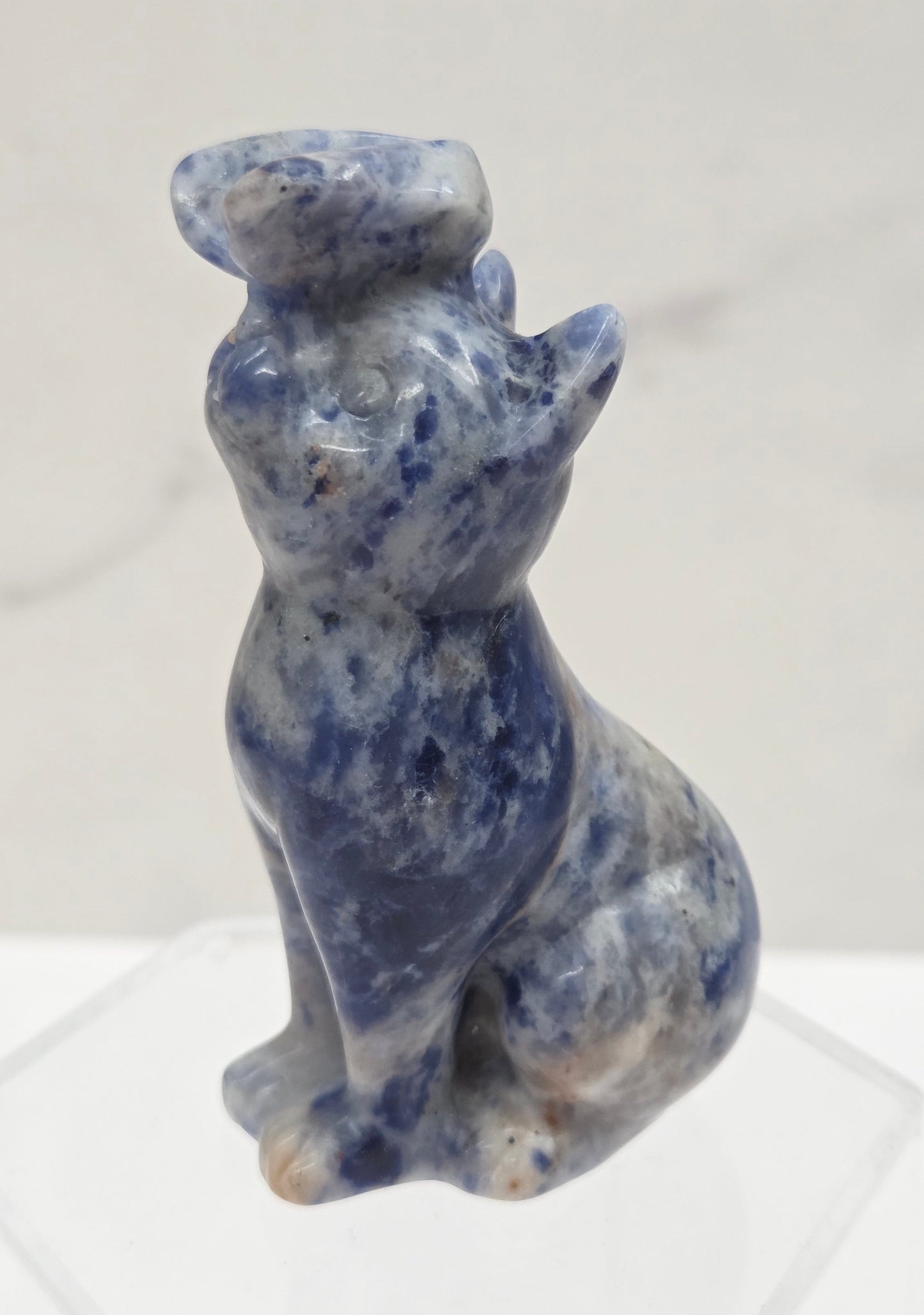 Sodalite crystal cat-shaped carving with a butterfly on the nose.
