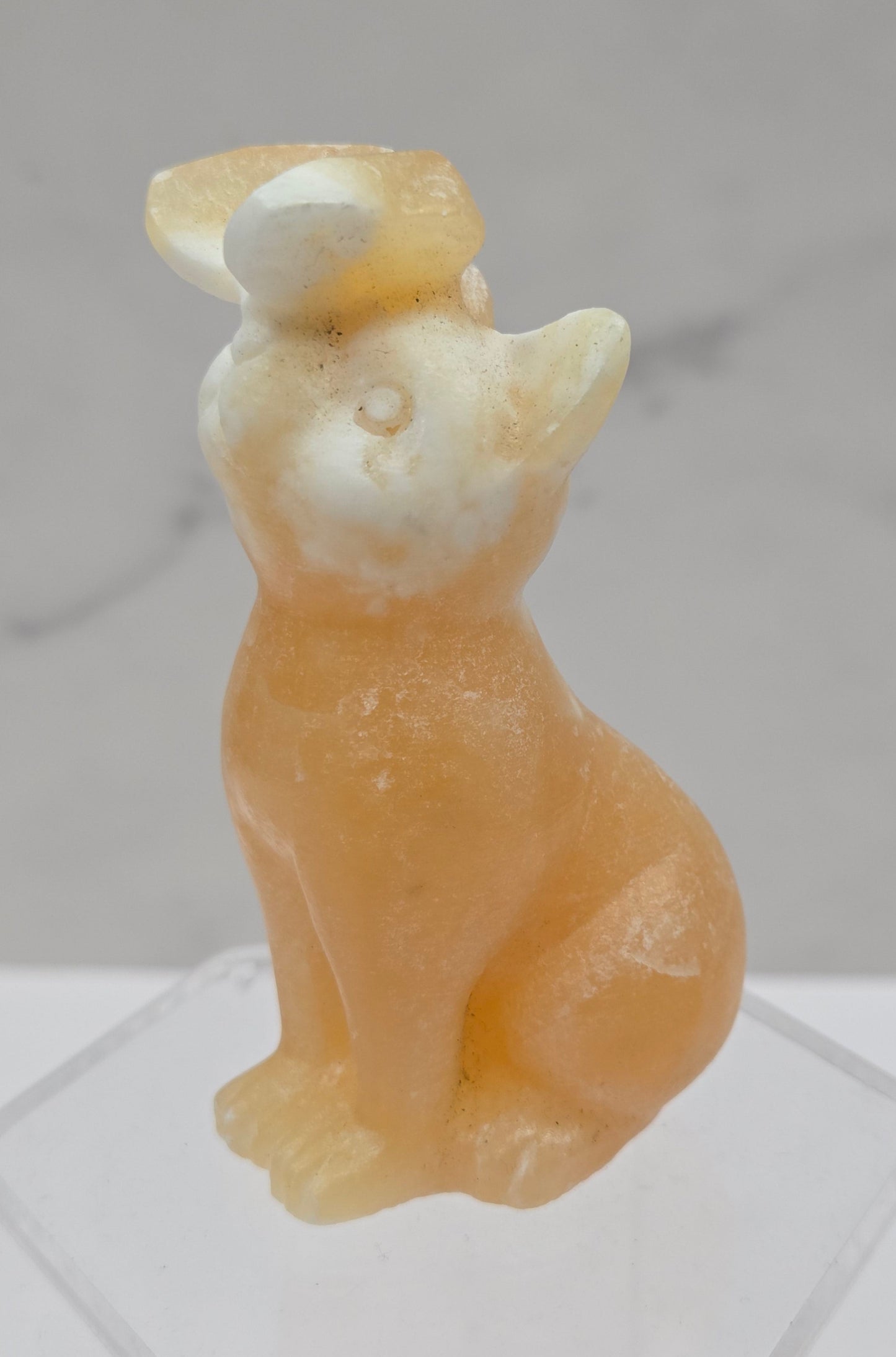 Orange Calcite crystal cat-shaped carving with a butterfly on the nose.