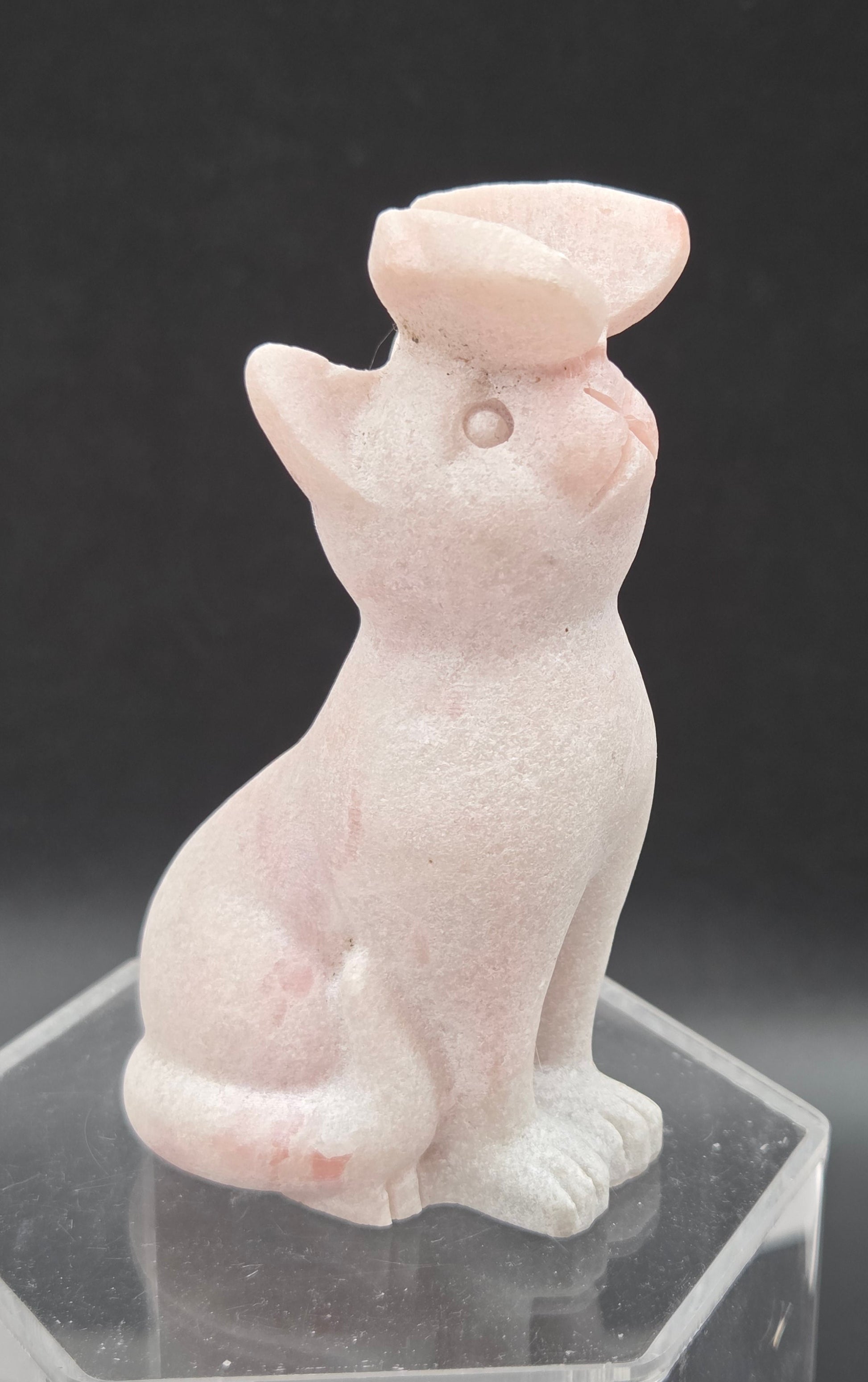Pink Opal crystal cat-shaped carving with a butterfly on the nose.