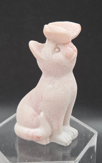 Pink Opal crystal cat-shaped carving with a butterfly on the nose.