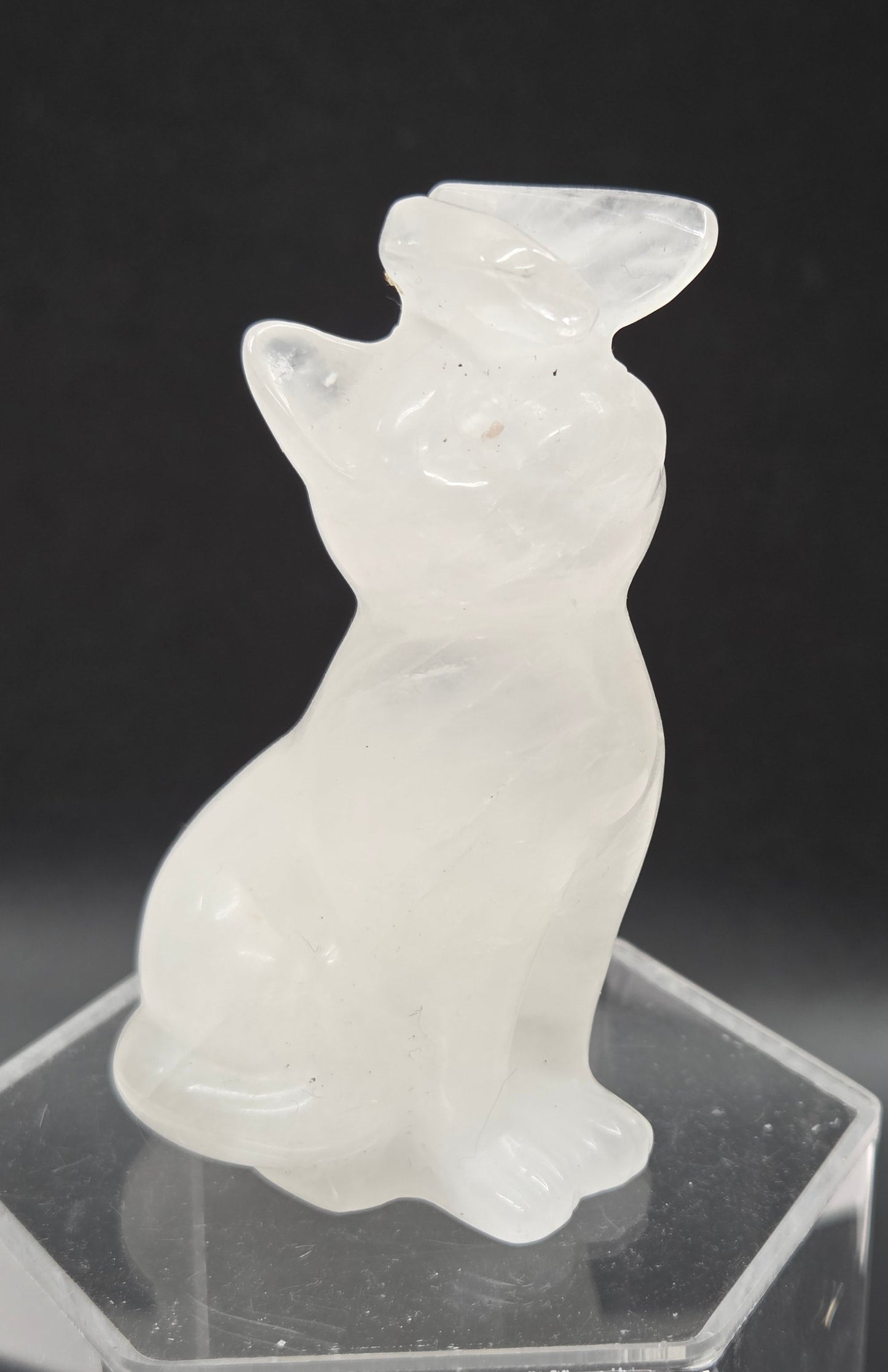 Clear Quartz crystal cat-shaped carving with a butterfly on the nose.
