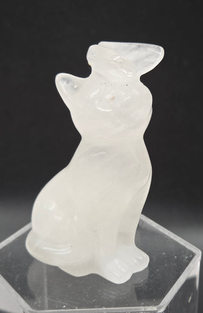 Clear Quartz crystal cat-shaped carving with a butterfly on the nose.