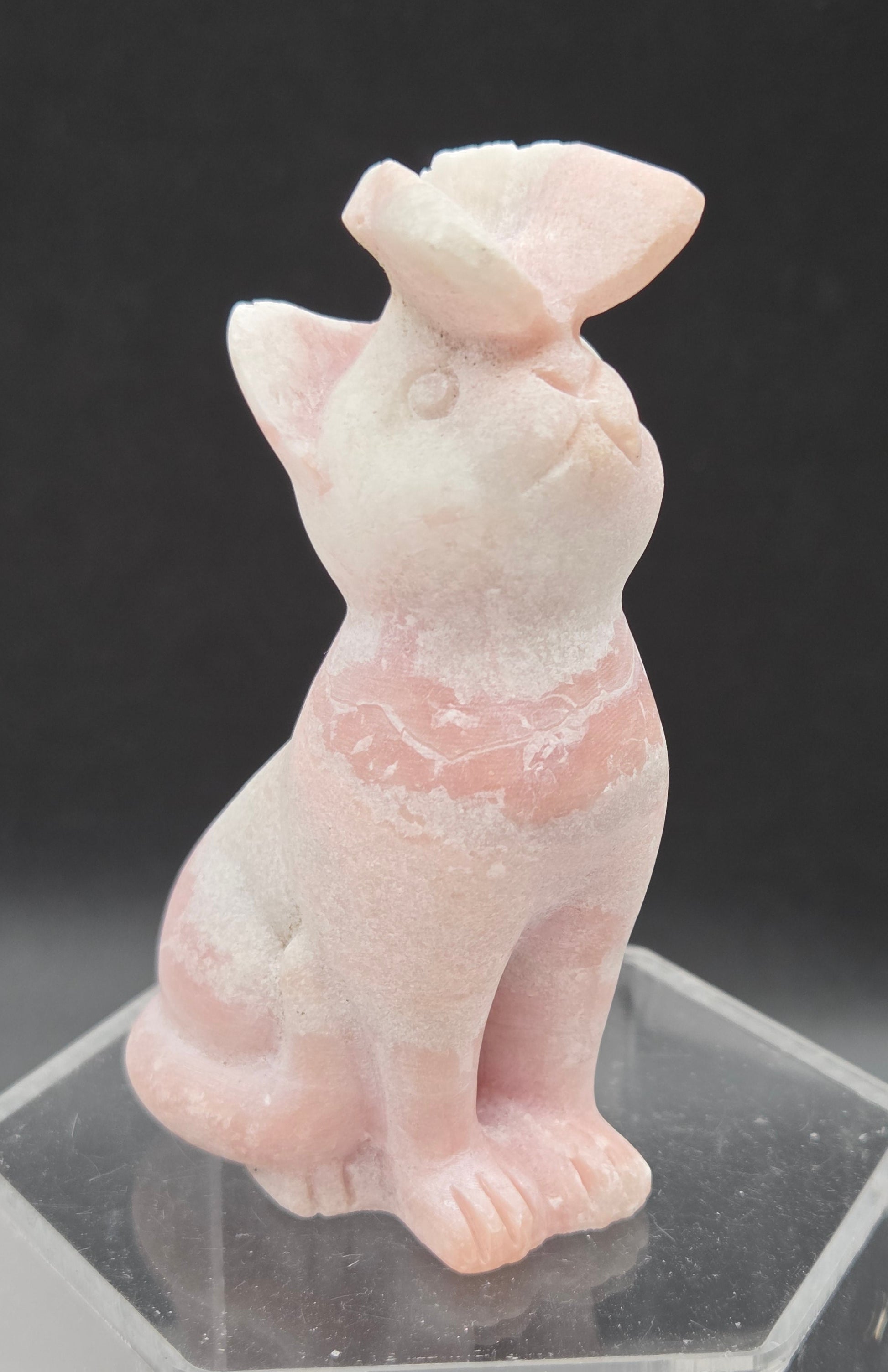 Pink Opal crystal cat-shaped carving with a butterfly on the nose.