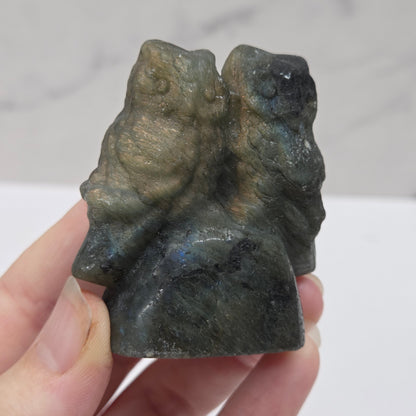 Hand holding a carved labradorite stone of two owls against a neutral background