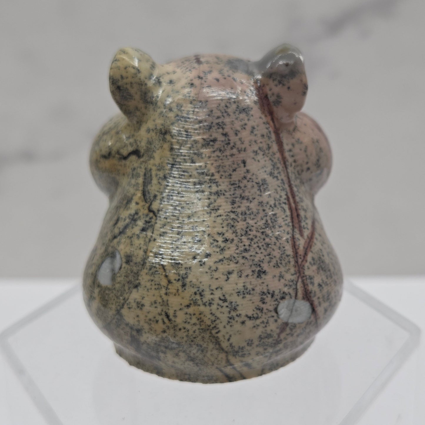 Picture Jasper carving of a chipmunk on an acrylic block against a white background