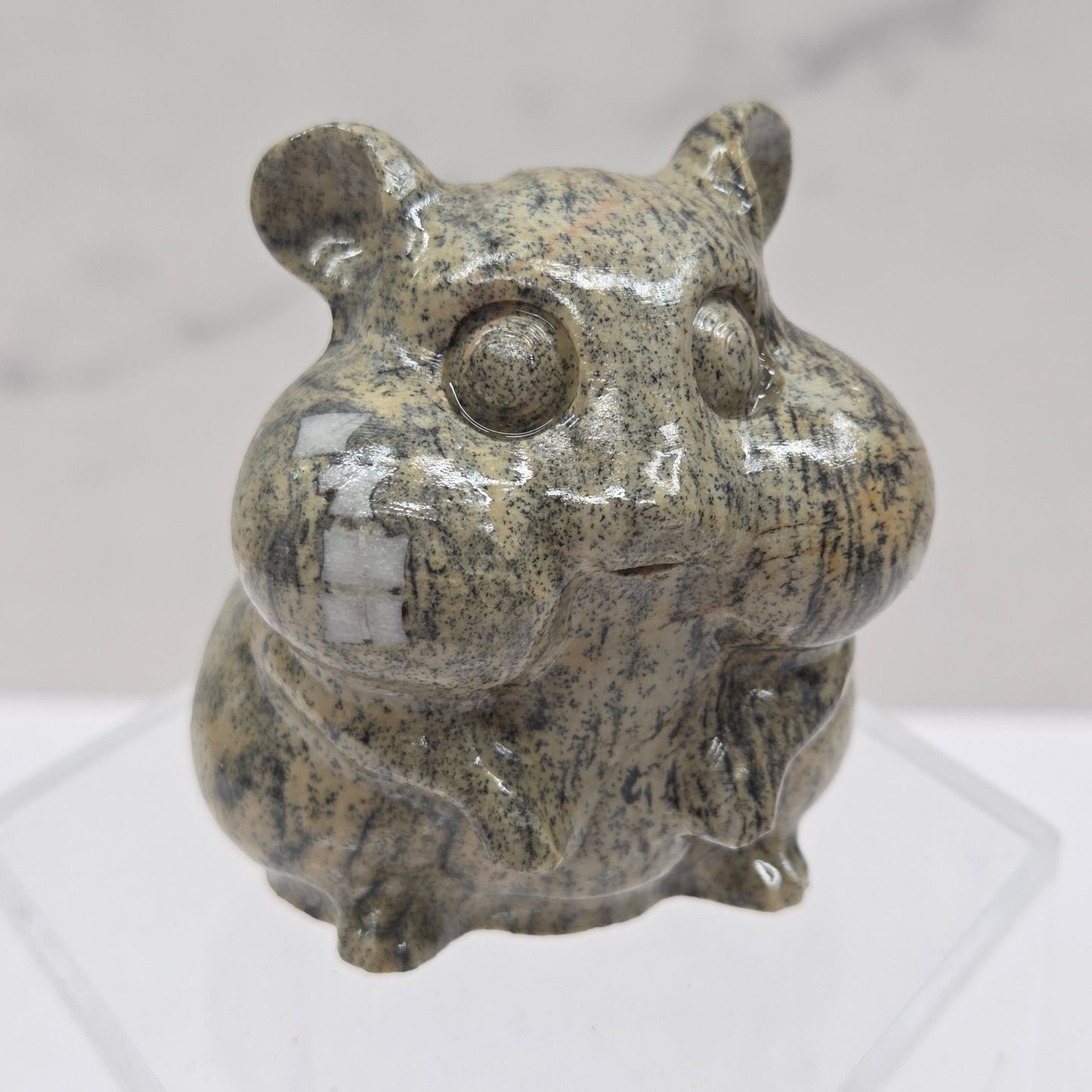 Picture Jasper carving of a chipmunk on an acrylic block against a white background