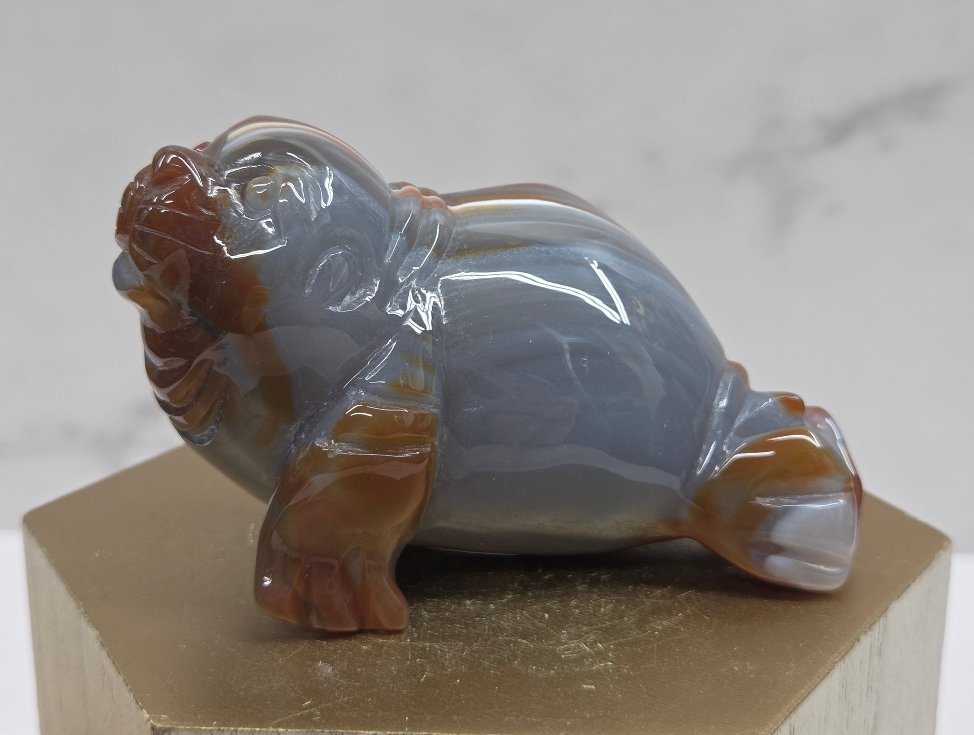 Brown and grey crystal sculpture of a walrus on a hexagonal base with a marble background