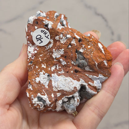 Hand holding a rock with a small white label on a neutral background