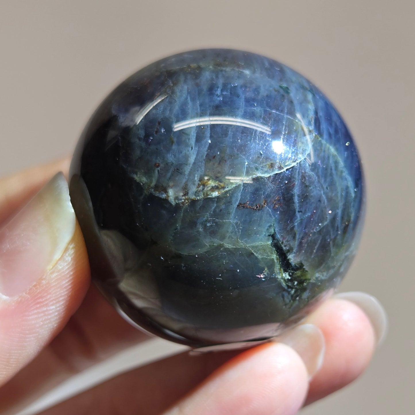 Hand holding a dark blue crystal ball against a neutral background
