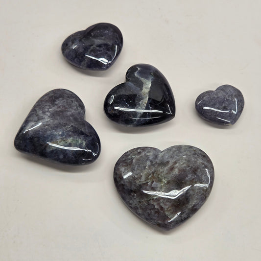 Five heart-shaped stones on a light gray background