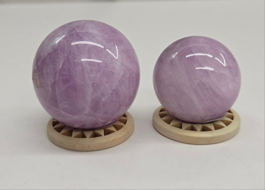 Two purple spherical objects on beige stands against a white background
