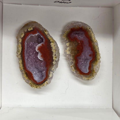 Set of geode crystals in a small white box