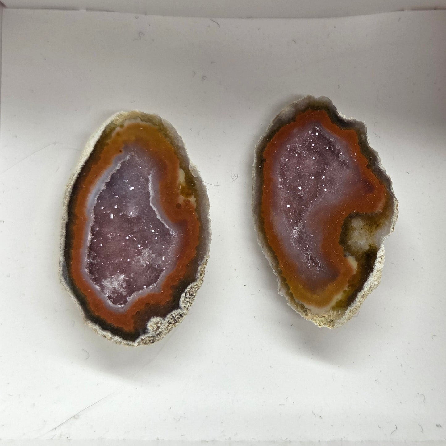 Set of geode crystals in a small white box