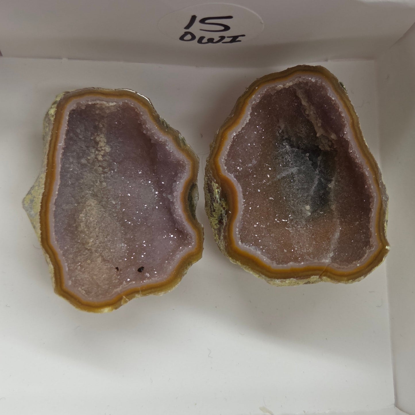Set of geode crystals in a small white box