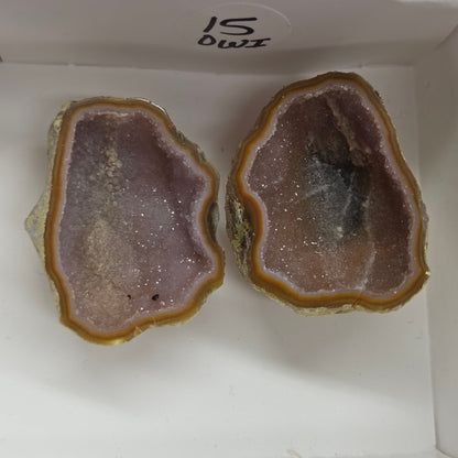 Set of geode crystals in a small white box