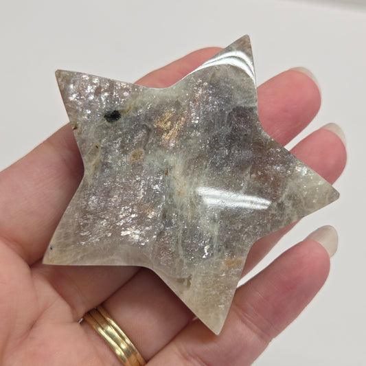 Star-shaped crystal held in a hand against a neutral background