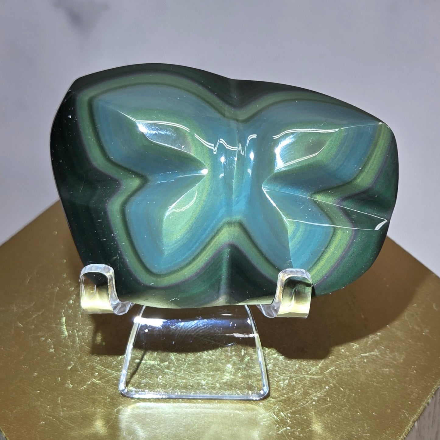Obsidian carving on an acrylic stand against a neutral background