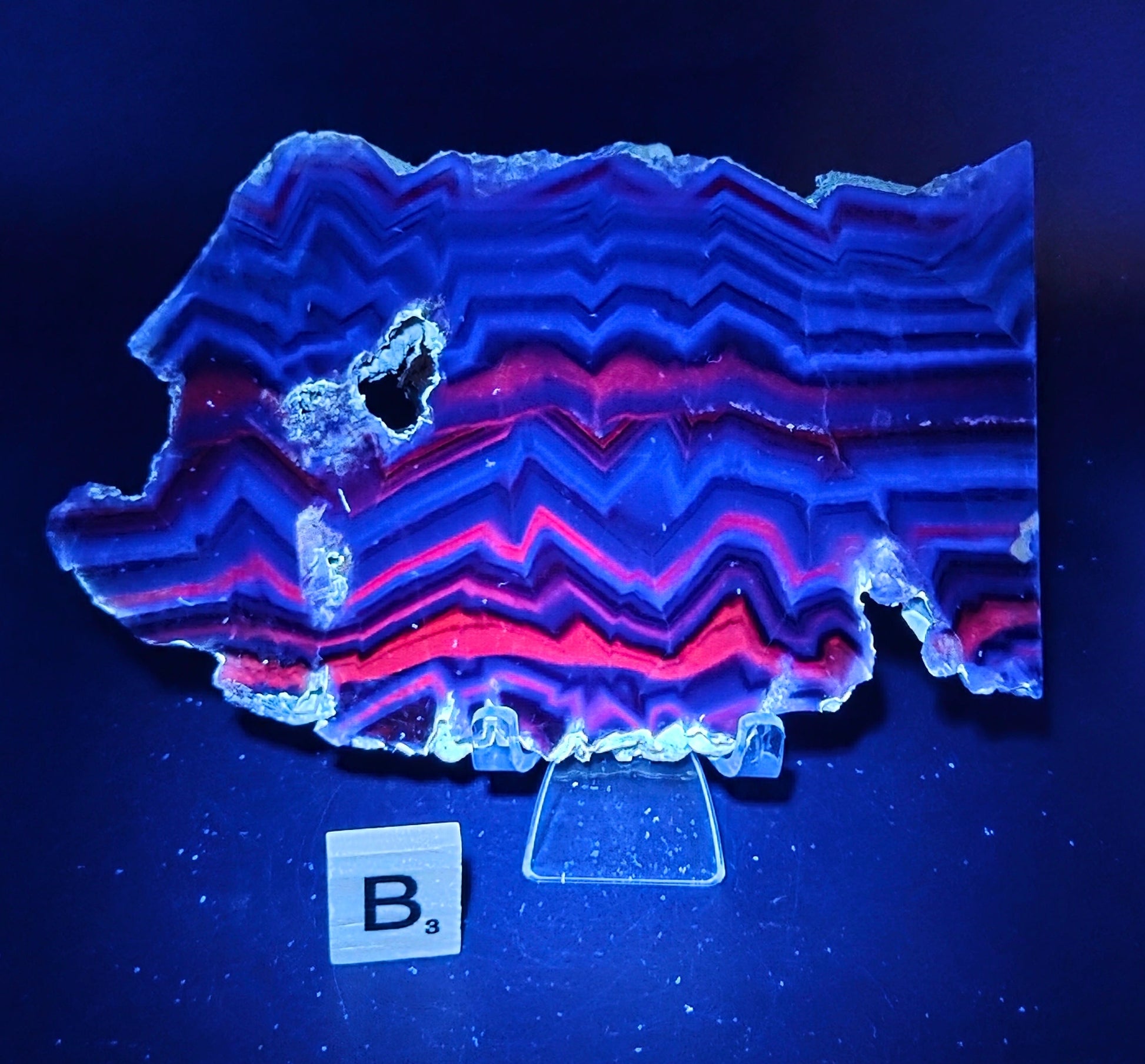 Banded fluorite slab under UV light on a stand against a neutral background