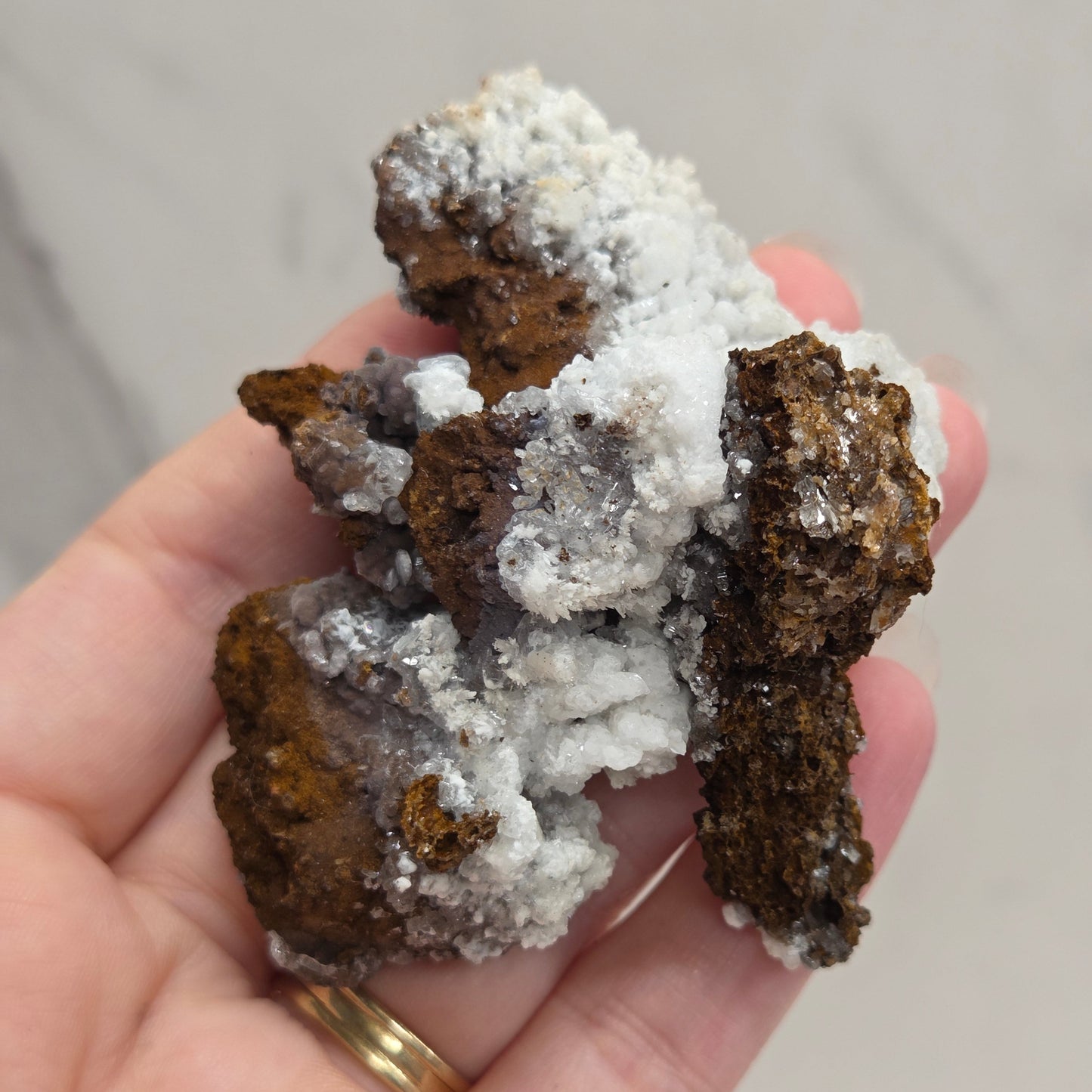 Hand holding a cluster of dark brown and white mineral crystals against a neutral background