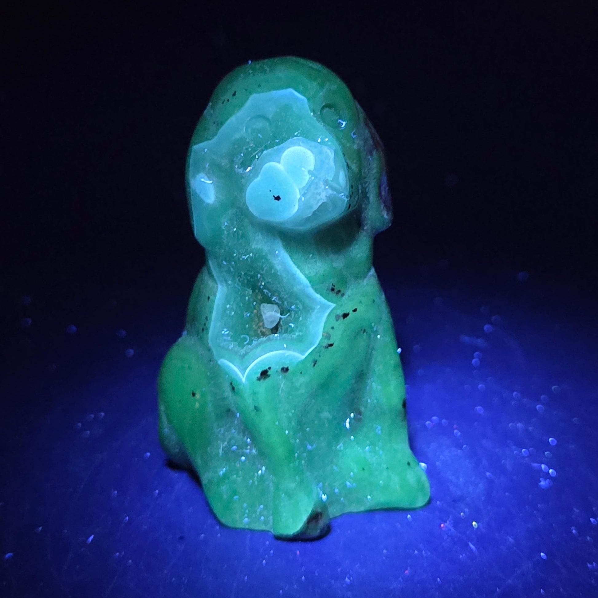 Stone dog carving under a UV lighting on a dark background