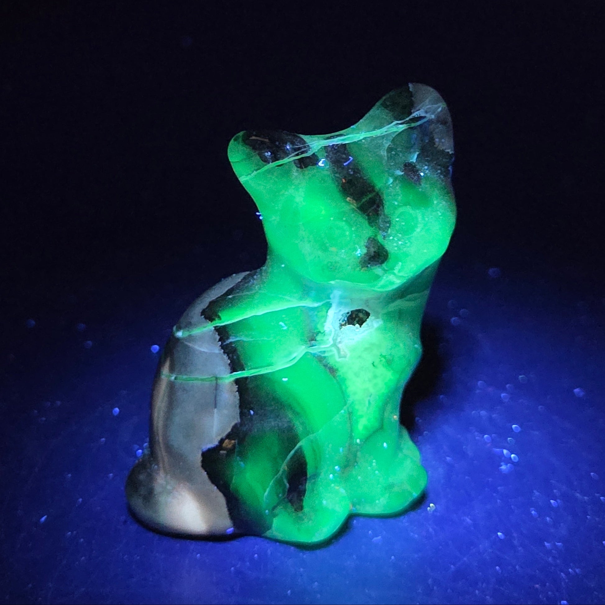 Stone cat carving under a UV lighting on a dark background
