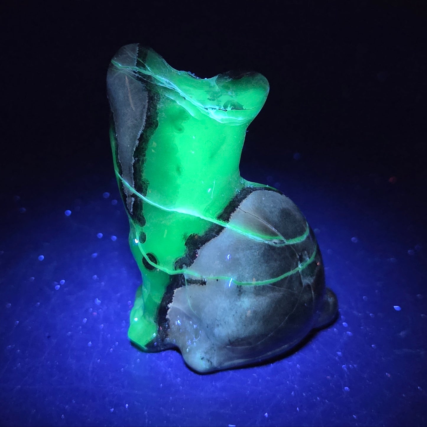 Stone cat carving under a UV lighting on a dark background