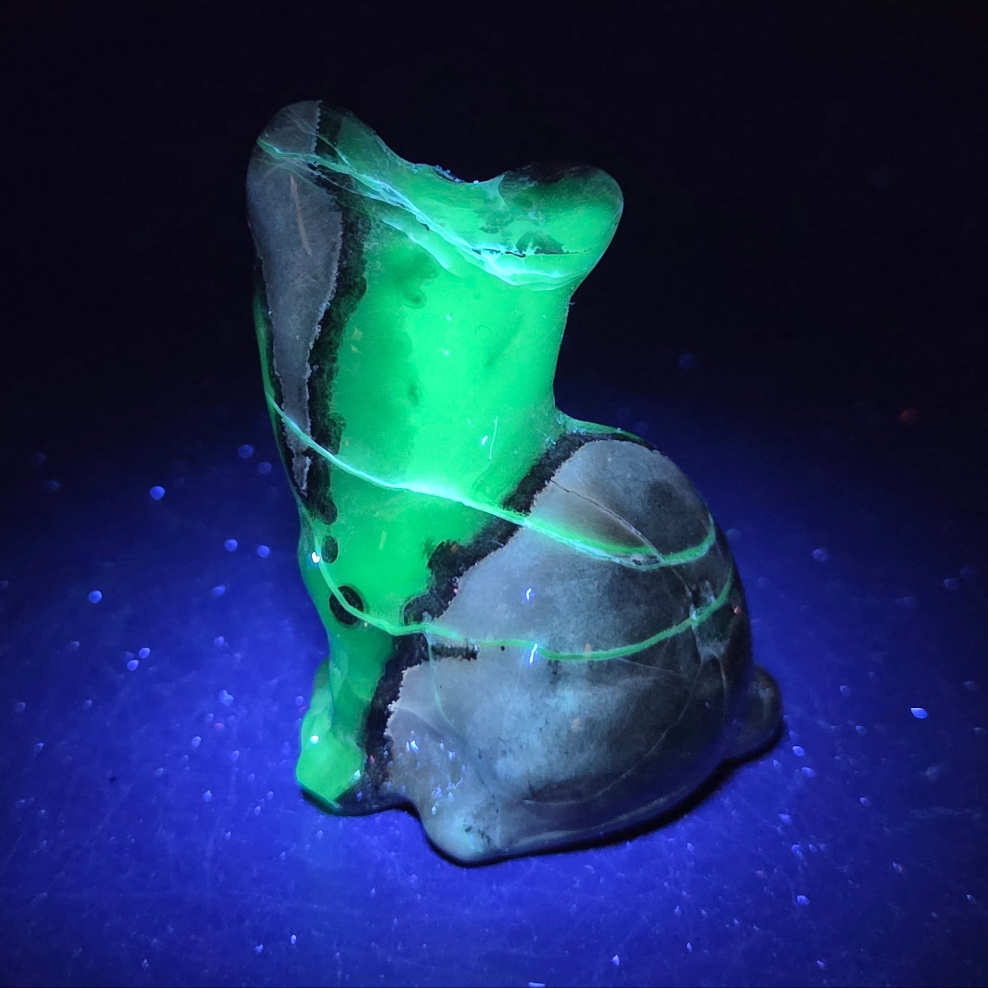 Stone cat carving under a UV lighting on a dark background