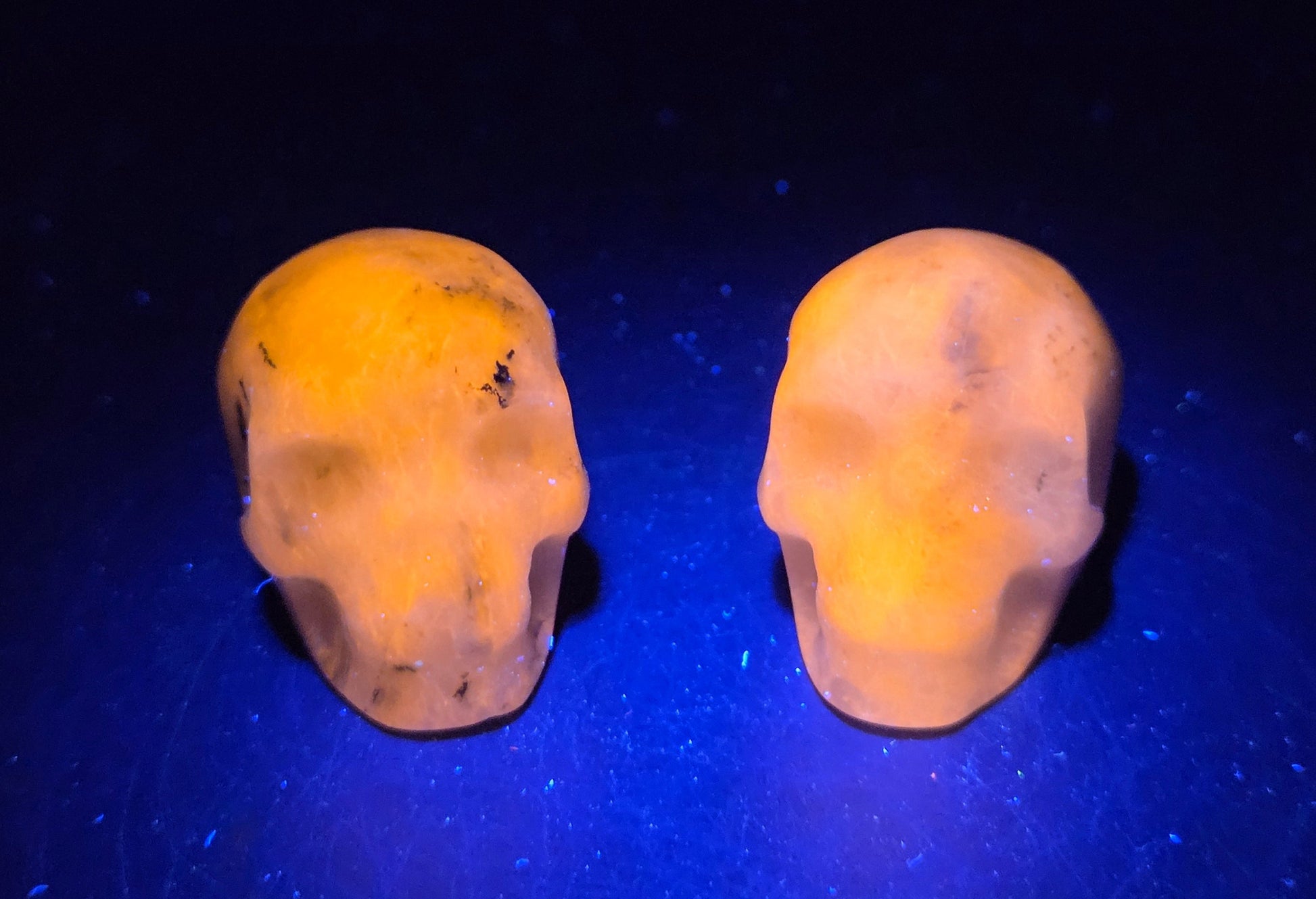Two translucent yellow skull-shaped objects on a dark blue background