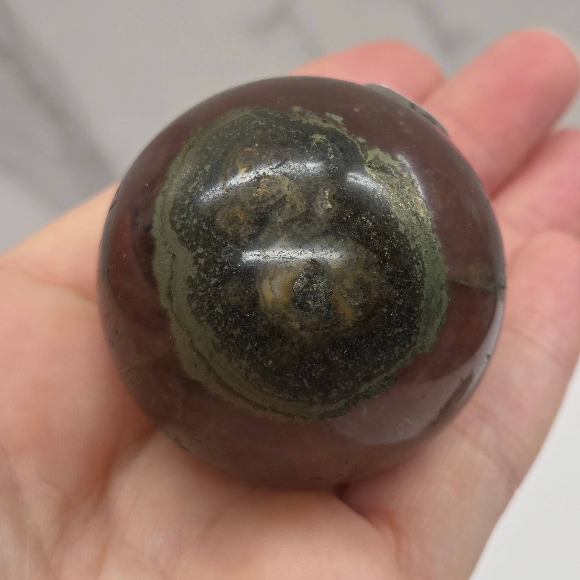 Hand holding a dark brown stone  against a light background
