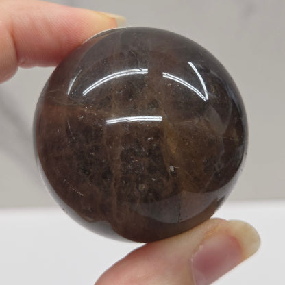 Person holding a dark brown stone against a neutral background