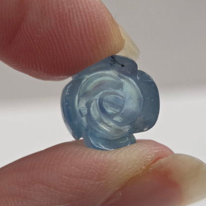 Hand holding a small blue rose-shaped object against a plain background