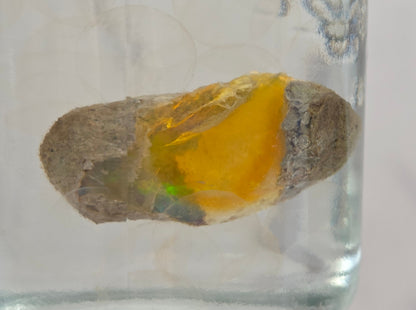 Amber stone held in a clear glass container against a neutral background